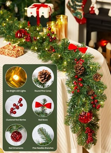 Christmas Garland with Lights, 9Ft Prelit Garland, 8 Light Modes & Timer - Image 4