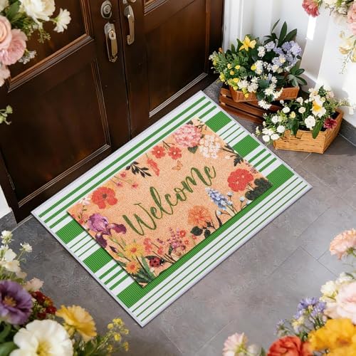 2 Pcs Floral Welcome Doormat Set, Front Door Mat with Non Slip Rubber Backing, Spring Outdoor Entryway Porch Mat Decor Farmhouse Floral Welcome Mat Set for Seasonal Home Indoor Decor - Image 4