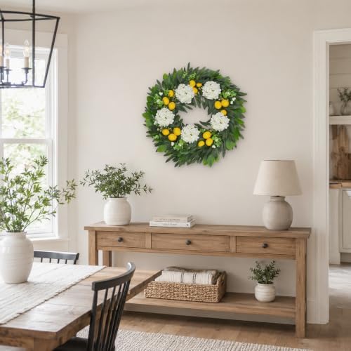 22 Inch Lemon Wreath for Front Door, Spring Summer Wreaths for Outside with White Hydrangeas and Greenery, Artificial Citrus Floral Wreath for Farmhouse Porch Wall Window Kitchen Decor - Image 6