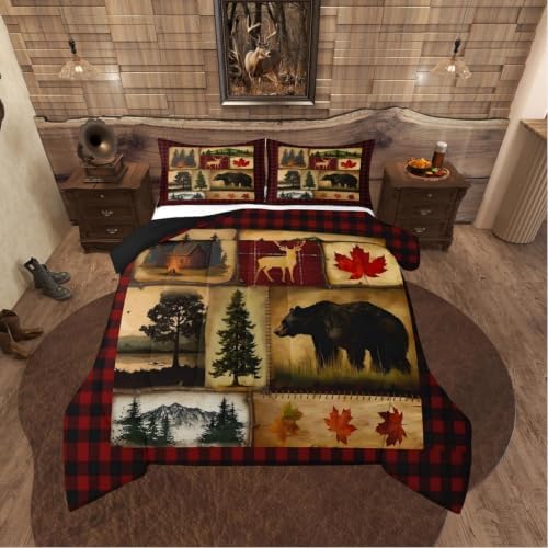 Bear Cabin Plaid Comforter Set Queen, Rustic Farmhouse Bedding Comforter Sets, Retro Hunting Deer Bedding, Country Woodland Pine Tree Duvet Set, Maple Leaf Lodge Decor Down Comforter, Red Black Brown by Erosebridal