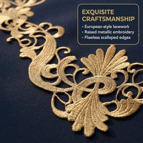 DECOZEN Gold Lace Blue Christmas Table Runner – Luxury Embroidered Dining & Dresser Decor Scarf for Holiday Tables, Weddings & Parties – 14 x 108 in Elegant European Tarantino Collection Gift Idea - Image 2