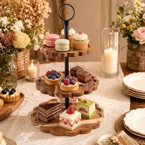 AnyDesign 3 Tier Cupcake Stand Scalloped Wooden Dessert Display Stand Brown Tiered Serving Tray for Wedding Birthday Bridal Baby Shower Tea Party Events - Image 7