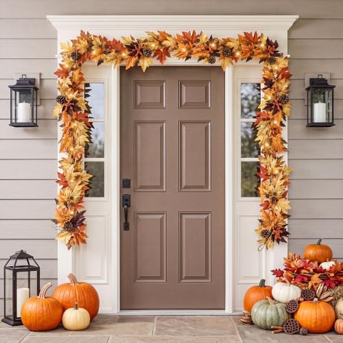 6FT Fall Garland with 30 Warm Lights & Timer & Gradient Maple Leaves - Image 6