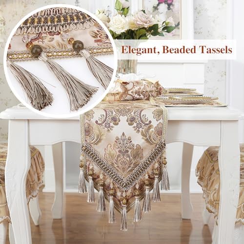 kilofly Elegant Floral Brocade Jacquard Table Runner Tassels (89 x 12 inches) - Image 6