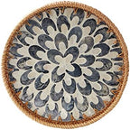 Round Rattan Tray with Mother of Pearl Inlay, Rattan Serving Tray with Wooden Base, Decorative Wicker Basket for Table Decor, Storage and Display of Coffee Bread Food Fruit (Plume 13.5") by Kmelep