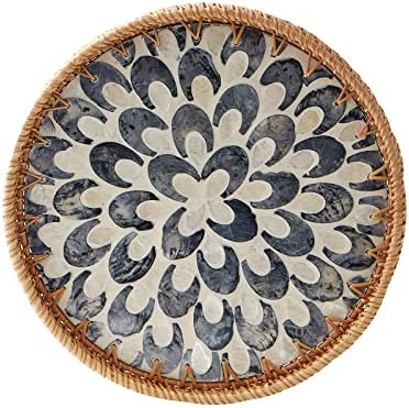 Round Rattan Tray with Mother of Pearl Inlay, Rattan Serving Tray with Wooden Base, Decorative Wicker Basket for Table Decor, Storage and Display of Coffee Bread Food Fruit (Plume 13.5") by Kmelep
