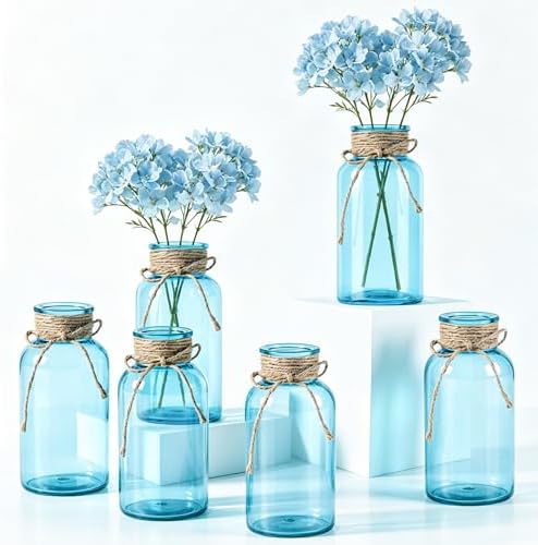 6 Pack Mason Jar Vases for Centerpieces, Aqua Blue Glass Flower Vase by LEYIQU