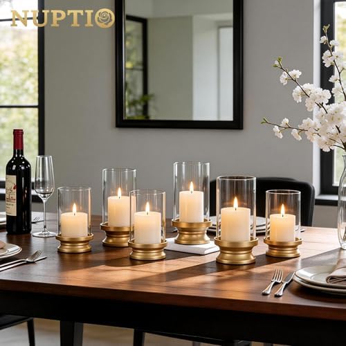 NUPTIO Hurricane Glass Candle Holders for Pillar - Matte Gold - Set of 2 - Image 6