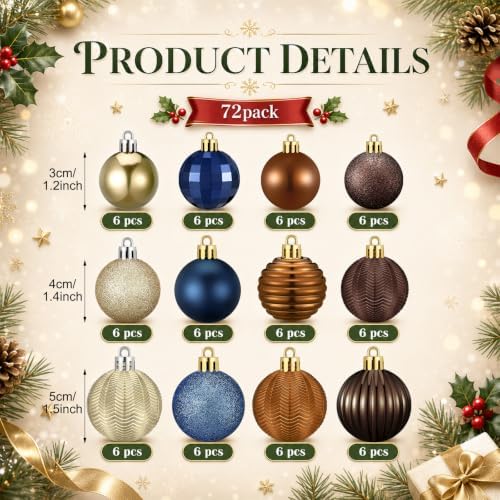 Lunmon 72 Pcs Christmas Ball Ornaments Bulk Navy Blue Coffee Brown Gold Copper Tree Ornament 1.57/1.97/2.36 Inch Shatterproof Matte Glitter Xmas Bauble Assorted Christmas Decor for Xmas Tree Home - Image 3