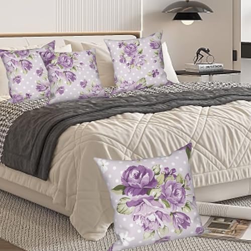 Purple Flower Throw Pillow Covers 24"x24" Set of 4, Countryside Floral Sofa Cushion Cover for Chair Couch Bed Living Room Office Car Garden Patio Farmhouse Indoor Outdoor Decorative - Image 3