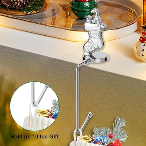 Christmas Stocking Holders for Mantel Set of 4, Non-Slip Adjustable Mantle Stocking Holders, Snowflake Snowman Reindeer Pine Tree Fireplace Stocking Hangers Set for Party Christmas Decorations - Image 2