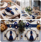 8 Set Boho Placemats with Table Runner, Scalloped Woven, Blue - Image 4