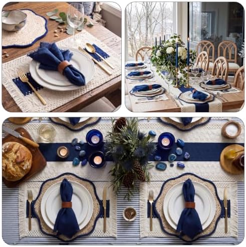 8 Set Boho Placemats with Table Runner, Scalloped Woven, Blue - Image 4