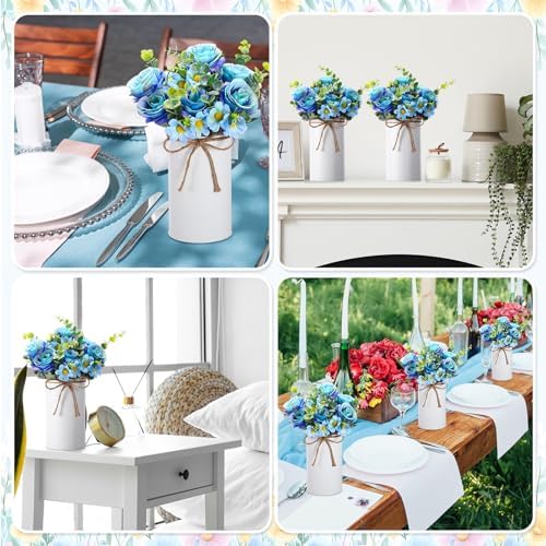 Domensi 6 Sets Wedding Centerpiece for Table Decoration Blue Artificial Fake Rose Flower with Metal Vase Faux Silk Rose Bouquet Floral Arrangement for Bridal Shower Home Dining - Image 6