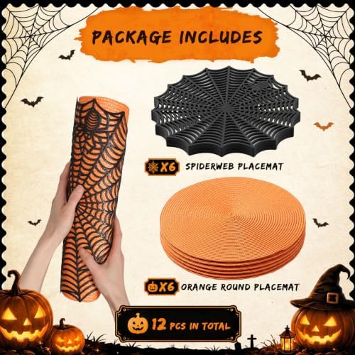Pickmesh 12 Pcs Halloween Table Decor Orange Black Spiderweb Placemats - Image 3