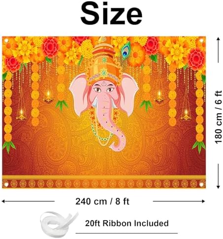 Avezano Indian Pooja Traditional Backdrop Indian Religious Festival Marigold Banner Orange Flower Marriage Hindu Curtain Bridal Shower Wedding Party Decorations Banner (8x6ft) - Image 2