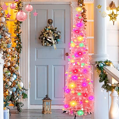 Aoriher 5 ft Pre-lit Pop up Light Pink Valentine's Day Tinsel Tree Decor Artificial Collapsible Slim Pencil Tree with String Light Sequins Reflective Valentine's Day Holiday Party Indoor Outdoor Home - Image 6