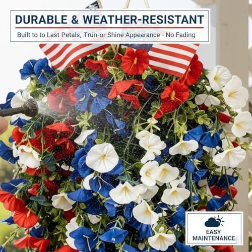 Red White and Blue Flowers Artificial Flowers Outdoor, 4th of July Decoration Tricolor Patriotic Artificial Flower, UV Resistant Artificial Morning Glory Vines for Independence Day Decor (3sets) - Image 5