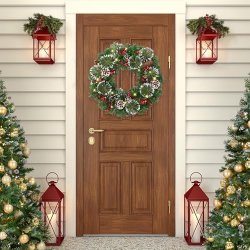 18’’ Artificial Christmas Wreath for Front Door with Pine Needles Red Berries Pine Cones Christmas Decorations for Winter Wall Indoor Outdoor Home Holiday Xmas Decor - Image 5