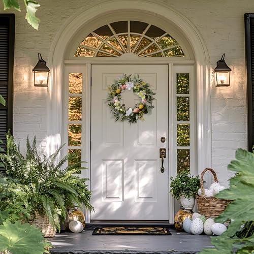 Valery Madelyn 18'' Lighted Easter Wreaths for Front Door, Pre-lit Spring Door Wreath with Pastel Eggs, Daisy Flowers & Silk Lambs Ear Leaves, Artificial Farmhouse Indoor Outdoor Wall Window Decor - Image 4