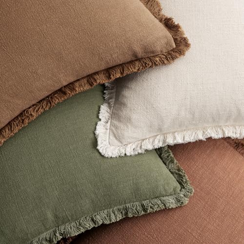 MIULEE Fall Linen Fringe Pillow Covers Set of 4 24x24 Beige/Brown/Green - Image 6