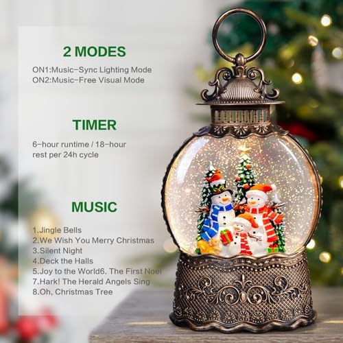 Christmas Snow Globes Lantern with Music, Snowman Snow Globes with Swirling Glitter Effects, USB/Battery Powered with 6-Hour Timer, Christmas Decorations - Image 3