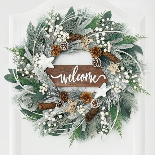 24 Inch Winter Wreaths for Front Door Outside- Pinkpuii Artificial Outdoor Christmas Wreath with Pinecones,White Berries and Welcome Sign,Xmas Holiday Winter Decorations for Home Farmhuse Door Decor - Image 6