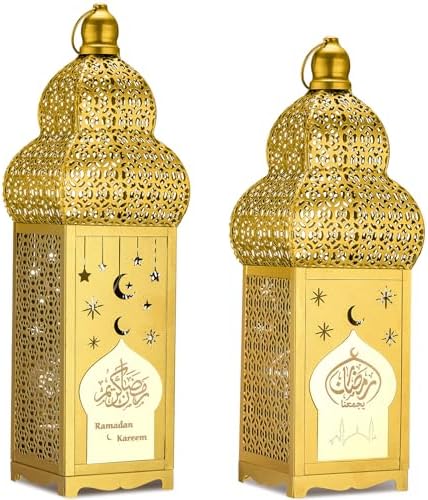 Honoson Eid Ramadan Lantern Large Golden Temple Moroccan Lantern Lamp Ramadan Decorations for Home, Hanging, Outdoor Patio or Indoor Home Decor, Gold, with LED String Lights(Elegant) by Honoson