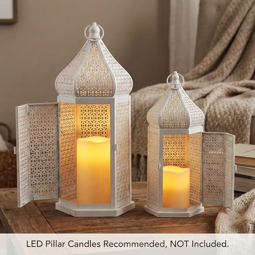 VELA LANTERNS Large Temple Tower Moroccan Lantern Lamp Decorative Candle Holders for Ramadan Decorations, Hanging, Outdoor Patio or Porch, Indoor Home Decor, Weddings, White, Set of 2 - Image 4