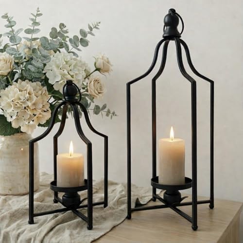 12.5" & 16.5" Timeless Cozy Decorative Lanterns Set of 2, Handcrafted Metal Iron Candle Holders, Farmhouse Elegance Fireplace Mantel Table Festive Gatherings Decor (Matte Black) by FenisamDecorYourChoice