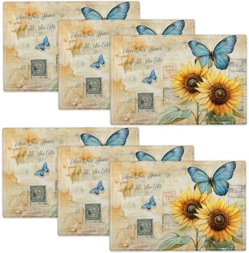 Vintage Butterfly Sunflower Placemats Set of 6 Bless Home and All Who Enter Table Mats Place Mats Decor Imitation Linen Heat Resistant Tablecloth for Dining Kitchen Party Restaurants 12''x18'' by gkmaolt