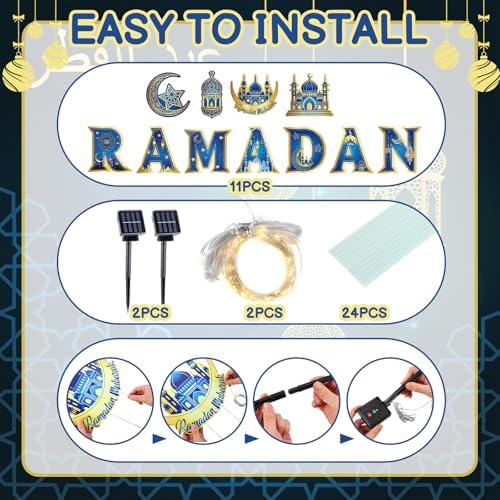11 Pcs Ramadan Mubarak Yard Signs 7 Letters 4 Signs with Stakes and 2 Rolls String Lights Eid Mubarak Party Yard Sign Lawn Decorations Party Decorations for Home Front Door Garden Decor - Image 3