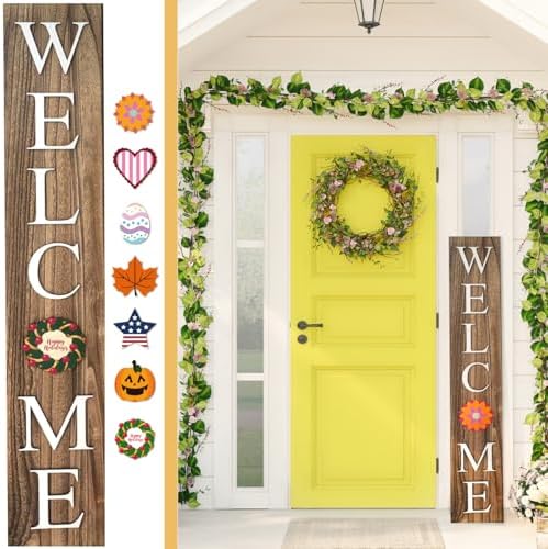 Extra Large 5FT Premium Wooden Interchangeable Welcome Sign for Front Door Porch Sign - 5 ft (58 x 11 Inch) 8 Magnetic Seasonal Tiles, Fall Porch Signs, Holidays and Seasons, Weather Resistance Standing welcome sign Outdoor and Indoor (Brown) by Alben