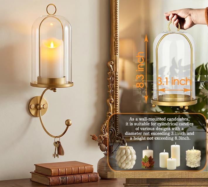 Metal Wall Hurricane Glass Candle Sconce Holder for Pillar Candle & Plant, Modern Farmhouse Decor Candle Lantern with Hand Towel Rack (Gold) - Image 4