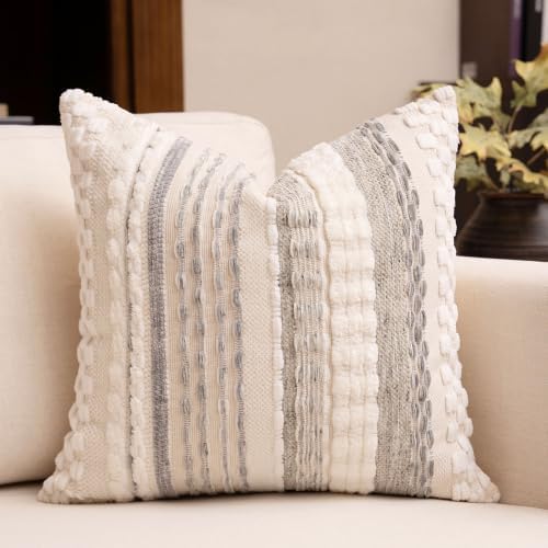 Boho Chenille Tufted Throw Pillow Covers 18x18 Inch Set of 2 Farmhouse Grey Woven Striped Decorative Pillowcases for Couch Sofa Bed - Image 4