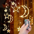 Moon and Stars Decor Curtain Lights, 11.5ft String Lights for Bedroom, Christmas, Ramadan Decor, Indoor LED Fairy Twinkle Light, Battery Operated or USB Plug-in (Warm Yellow + Remote) by pilavaloo