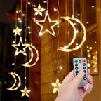 Moon and Stars Decor Curtain Lights, 11.5ft String Lights for Bedroom, Christmas, Ramadan Decor, Indoor LED Fairy Twinkle Light, Battery Operated or USB Plug-in (Warm Yellow + Remote) by pilavaloo