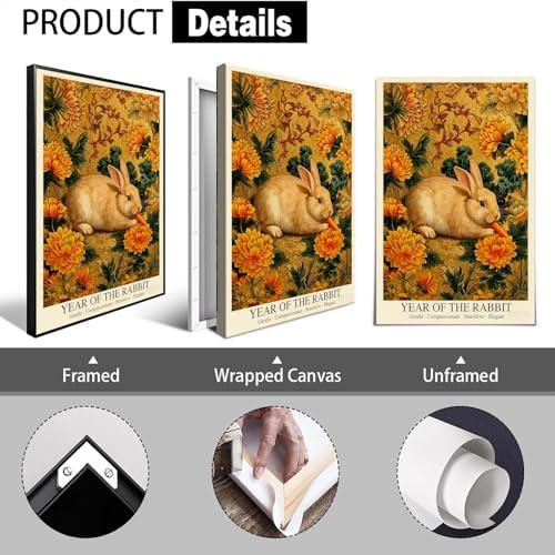 Elegant Chinese Lunar Year of the Rabbit Art Print – Golden Chrysanthemum Zodiac Wall Decor Luxe Oriental Home Decor for Bathroom Living Room Office and More 12X18 in Black Framed - Image 2