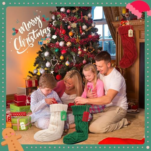 Christmas Stockings with Name Tags, Green Burgundy White, 6 Pcs - Image 6