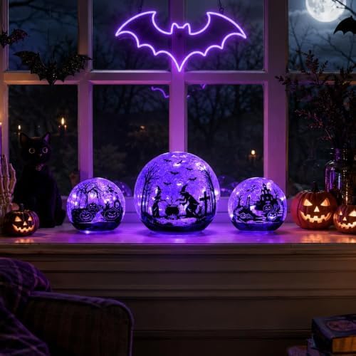 NEEDOMO Halloween Decorations Indoor, 3 Pack Witch Crackle Glass Globe Purple LED Lights with Timer, Halloween Table Decor for Mantel, Fireplace, Party, Home - Image 4