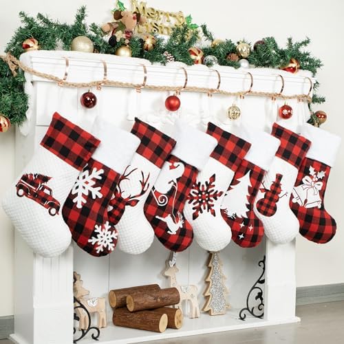 LUBOT Set of 8 Christmas Stocking(20inch) Silhouette Buffalo Red Plaid/Rustic/Farmhouse/Country Cotton Fireplace Hanging Xmas Stockings Decorations for Family Holiday Season Decor by LUBOT