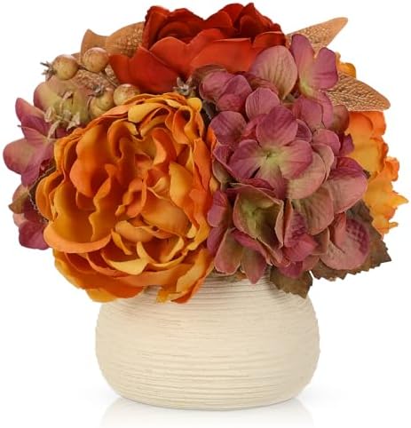 Peony Hydrangea Artificial Flowers in Vase, Small Fall Floral Arrangements with Vase Autumn Centerpieces for Table Rustic Farmhouse Fall Harvest Thanksgiving Wedding Kitchen Dinner Table Decorations by Oairse