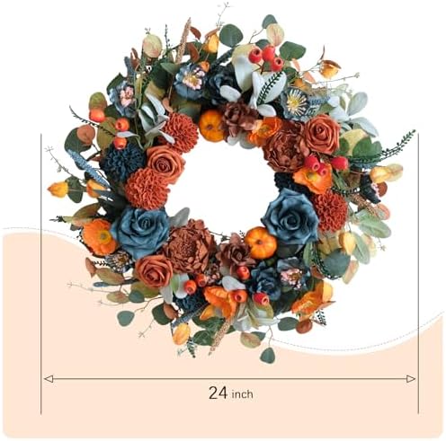 24-inch Fall Wreath Handcrafted Blue Orange Hydrangeas Roses Pumpkins Berries Front Door Wreath Courtyard Corridors Indoor Outdoor Home Decoration Thanksgiving Harvest Festival Celebrations Decoration - Image 3