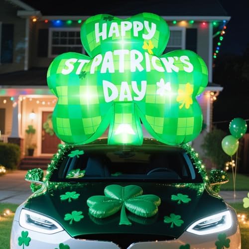St Patricks Day Inflatables Outdoor Decorations, 5.2 FT Long Blow Up St. Patrick’s Day Lucky Shamrock Car Decoration, Built-in LED Lights Patrick Holiday Decor for Roof Outside Yard Lawn Garden - Image 4