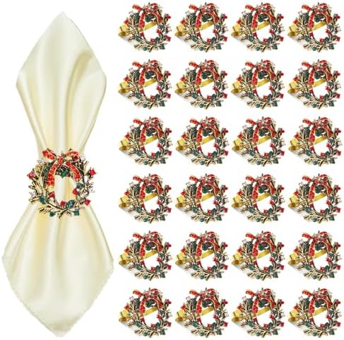 ZeeDix Christmas Wreath Napkin Rings Set of 24, Holiday Christmas Napkin Ring Holders for Cloth Napkins, Serviette Buckles for Thanksgiving Holiday Dinner Party Table Setting by ZeeDix