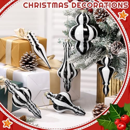 Soaoo 6 Pcs 6.3 in Black and White Mercury Glass Finial Christmas Ornaments - Image 3