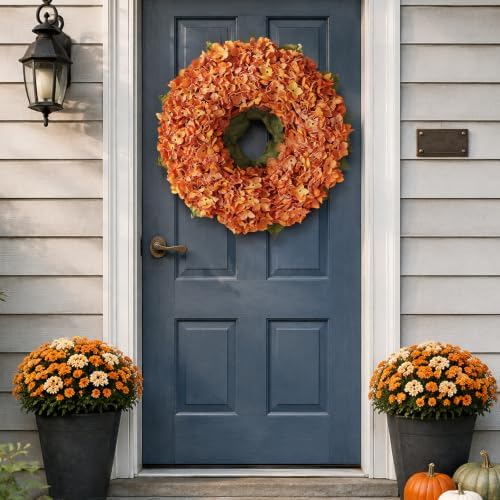 21" Fall Artificial Hydrangea Flower Wreath for Front Door Decor(Orange) - Image 4