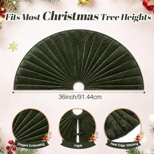 Foilswirl 36 Inch Moss Green Velvet Quilted Christmas Tree Skirt - Image 2