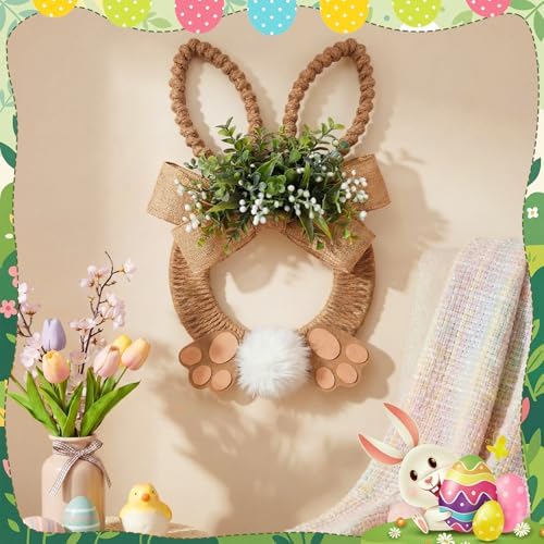 Norme 18 Inch Easter Bunny Wreath Spring Artificial Flower Rabbit Rattan Wreath with Rabbit Tail Feet Green Twig and Berries Linen Bow Knot for Farmhouse Front Door Farmhouse Wall Home Window Decor - Image 3
