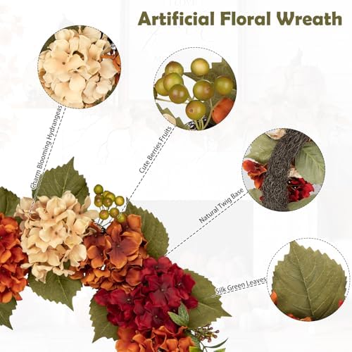 Fall Wreaths for Front Door 20 inch Autumn Wreath with Hydrangeas Berries - Image 7